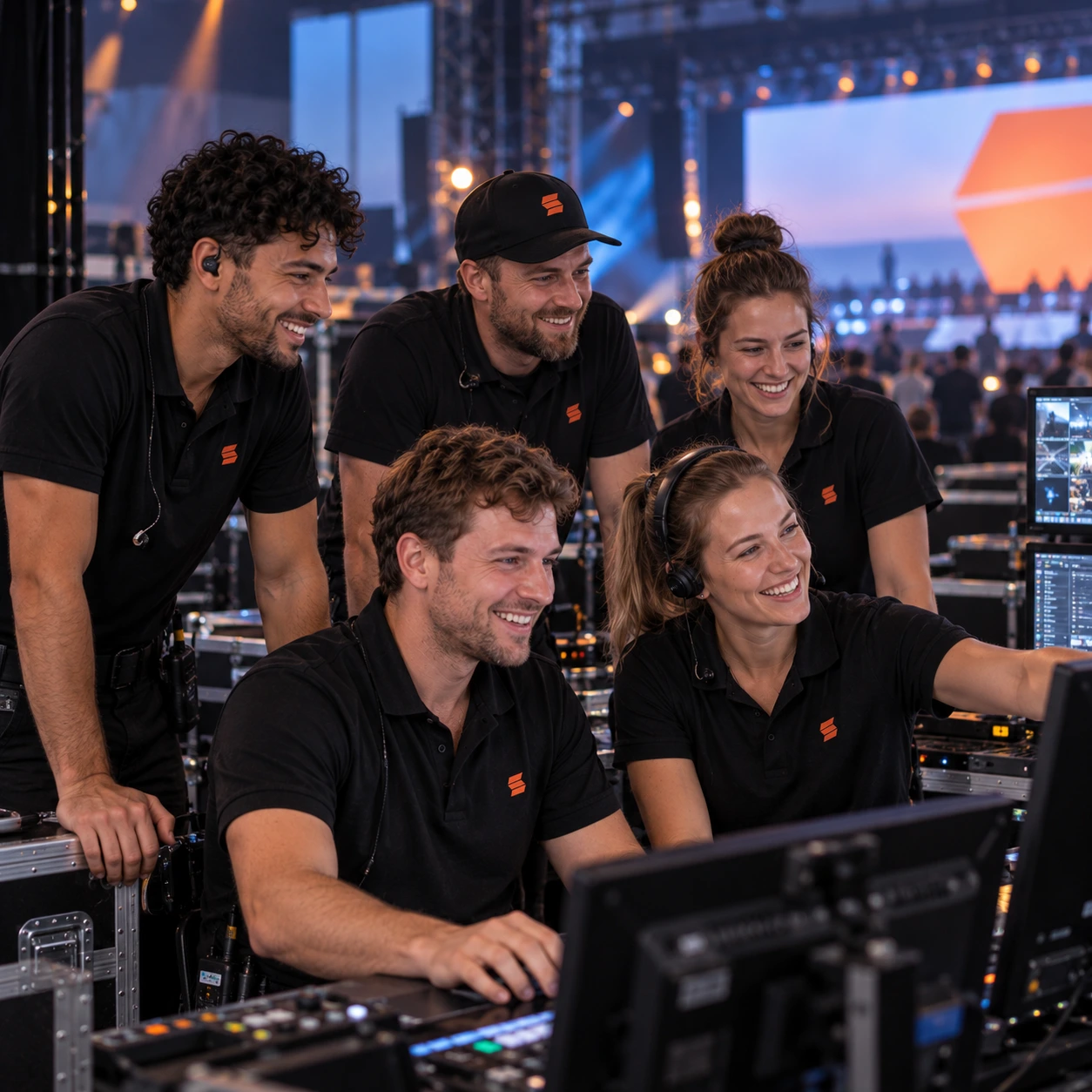 AV-crew rijdt bij avondlicht flightcases over een laadhelling een zaal in.