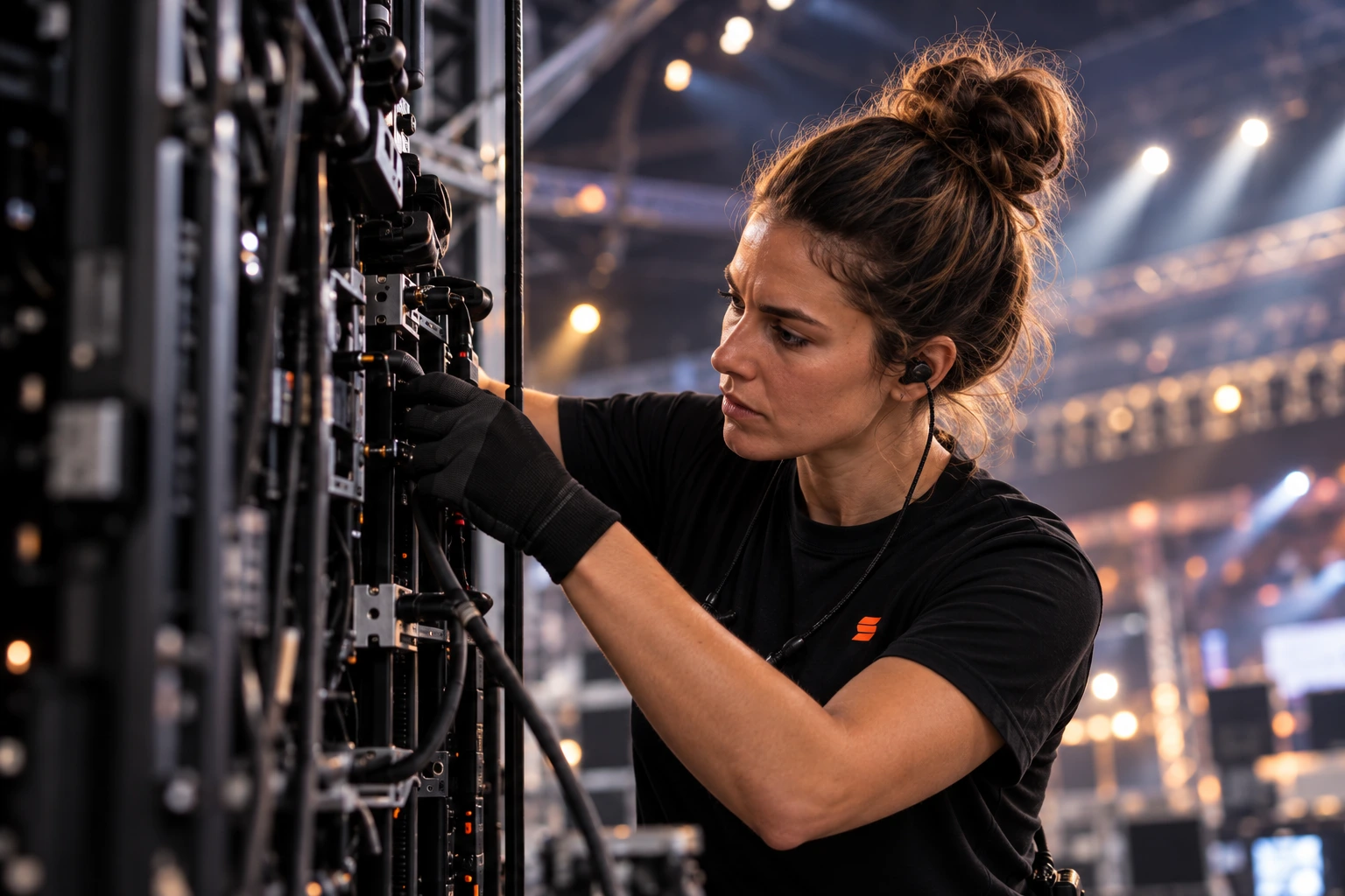 Rigger hoog in de truss controleert een takel.