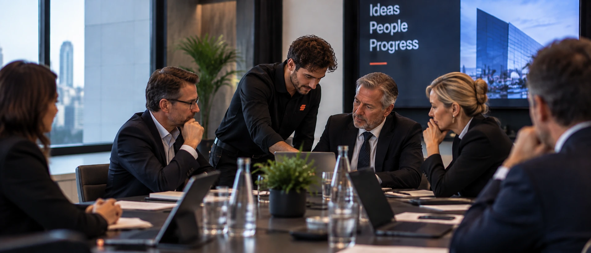 Onsite AV-specialist controleert een videowall in een corporate ontvangstruimte met glasarchitectuur.