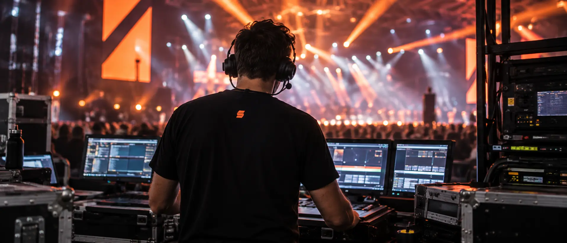 Front-of-house engineer achter de mengtafel tijdens een congres.
