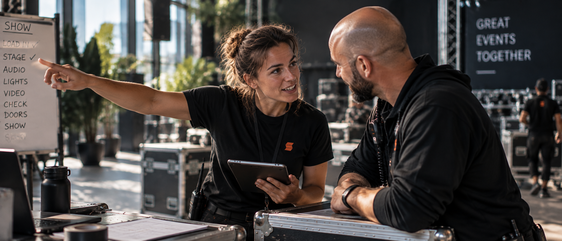Twee professionals lachen samen om een productieplanning op een tablet.