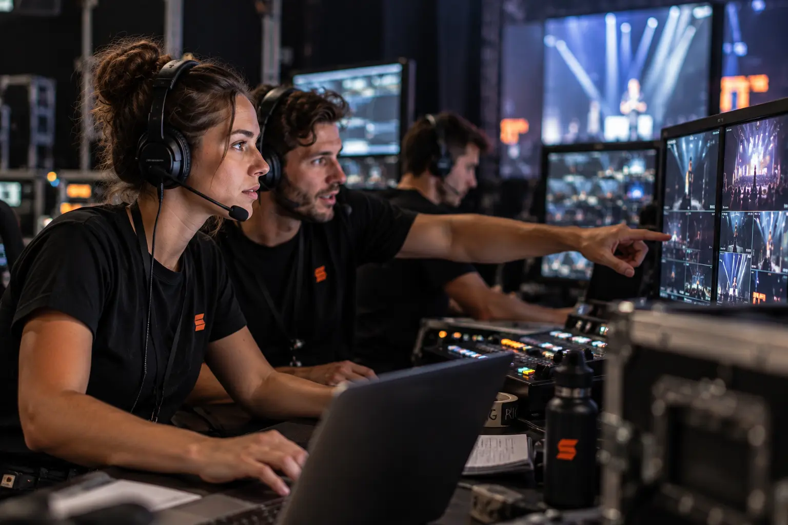 AV-operator en collega werken samen achter de regietafel tijdens een showcall.