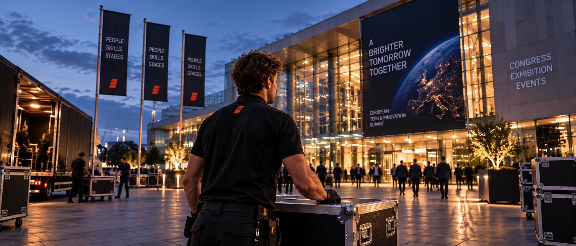 Een groot Europees congrescentrum bij avondlicht, met bezoekers en crew.