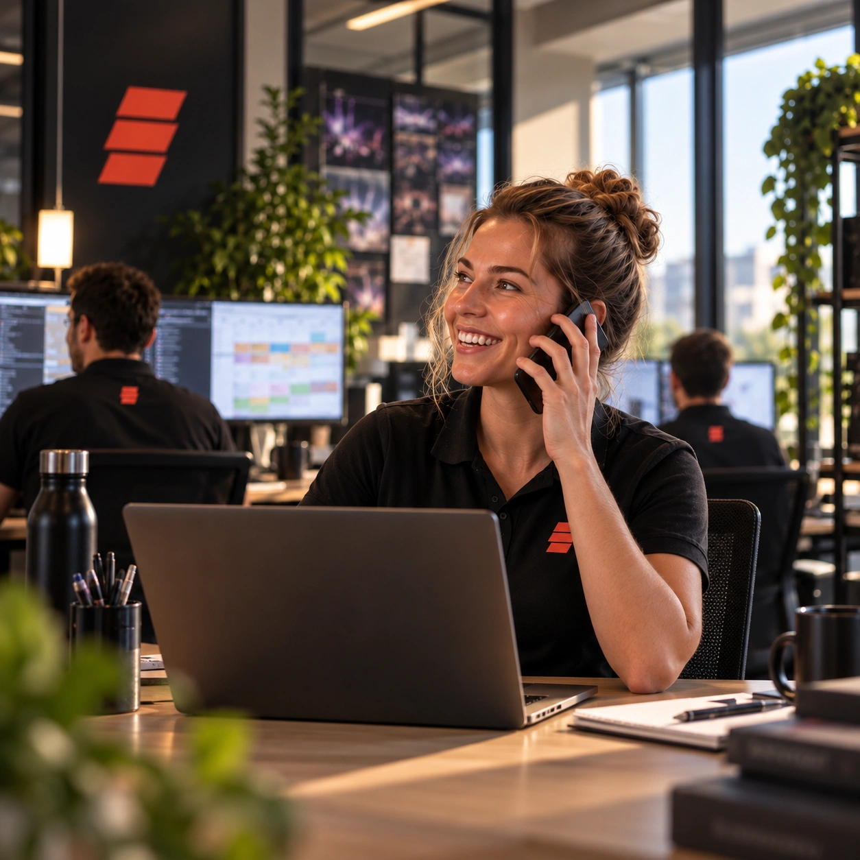 Twee AV-professionals nemen samen een showfile door achter de regietafel.