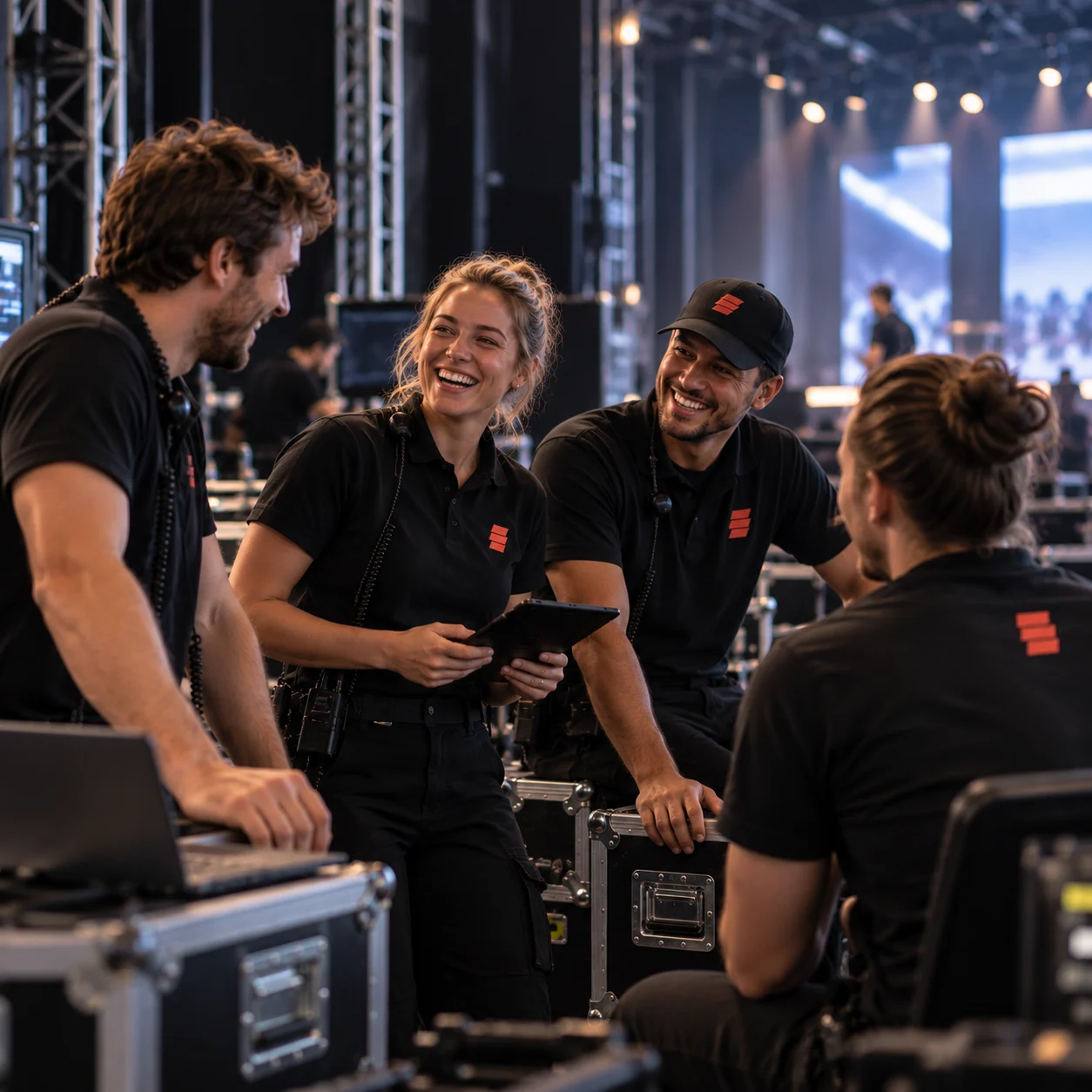AV-professional backstage met intercomheadset, controleert een cue sheet.