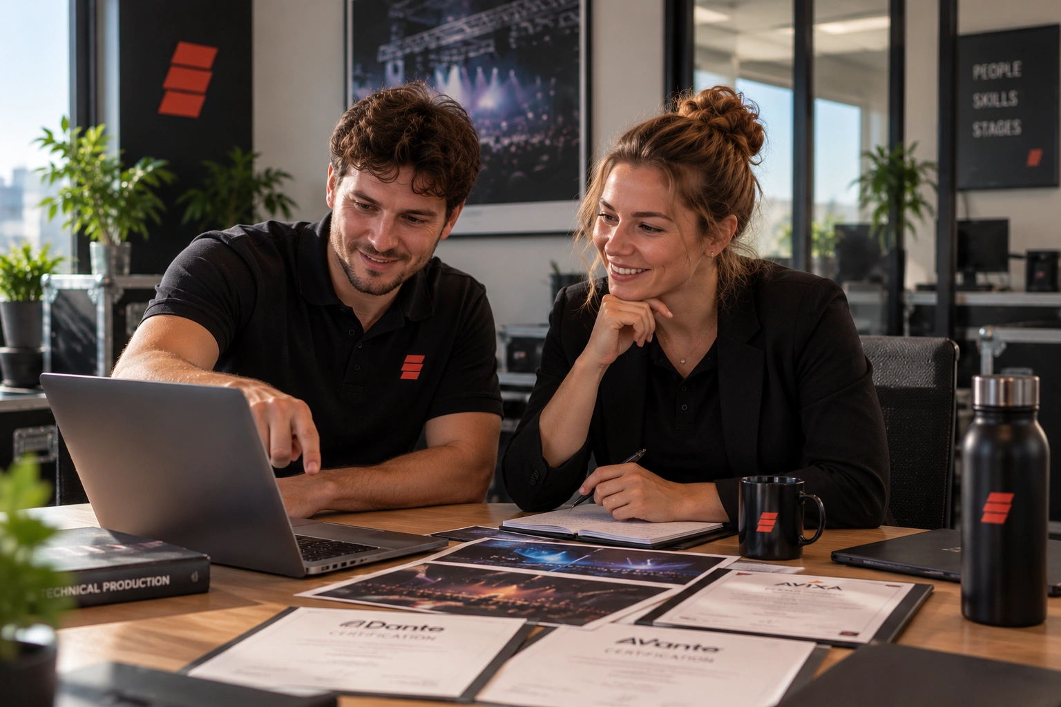 Consultant en AV-professional nemen samen certificaten en een portfolio door op een laptop.